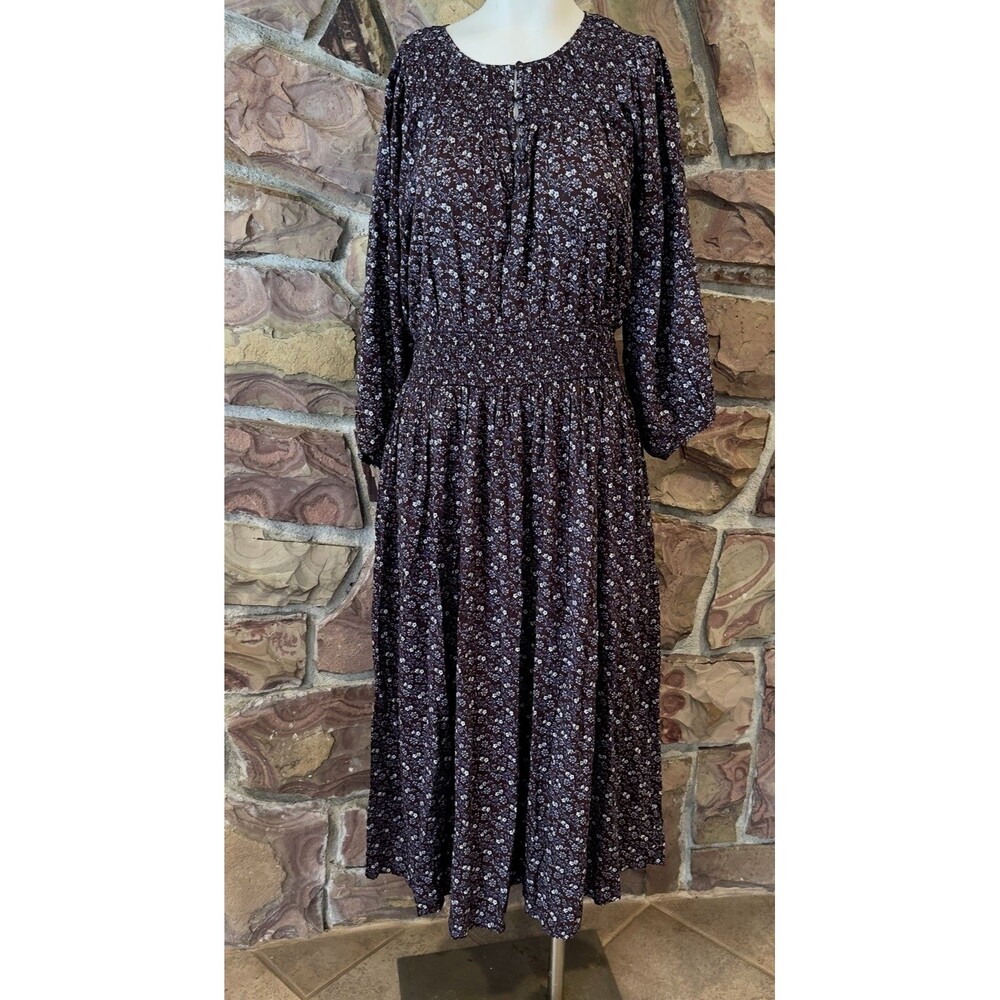 Madewell Melody Smocked Floral Tiered Midi Dress Brown Long Sleeve Fall L Pocket